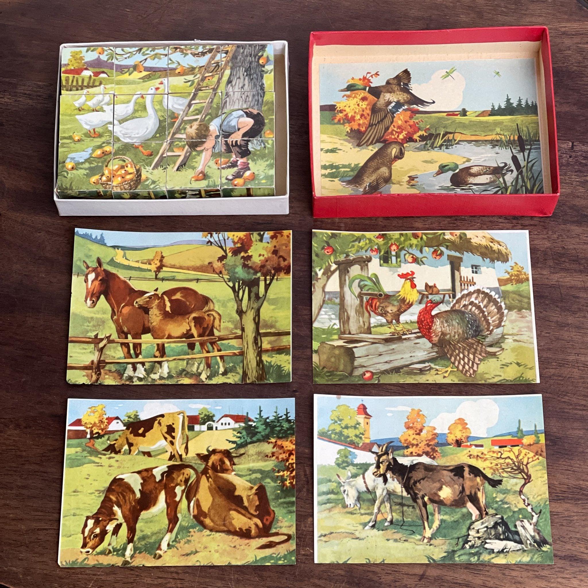 Vintage boerderij blokken puzzel met zes plaatjes - The Collectionist