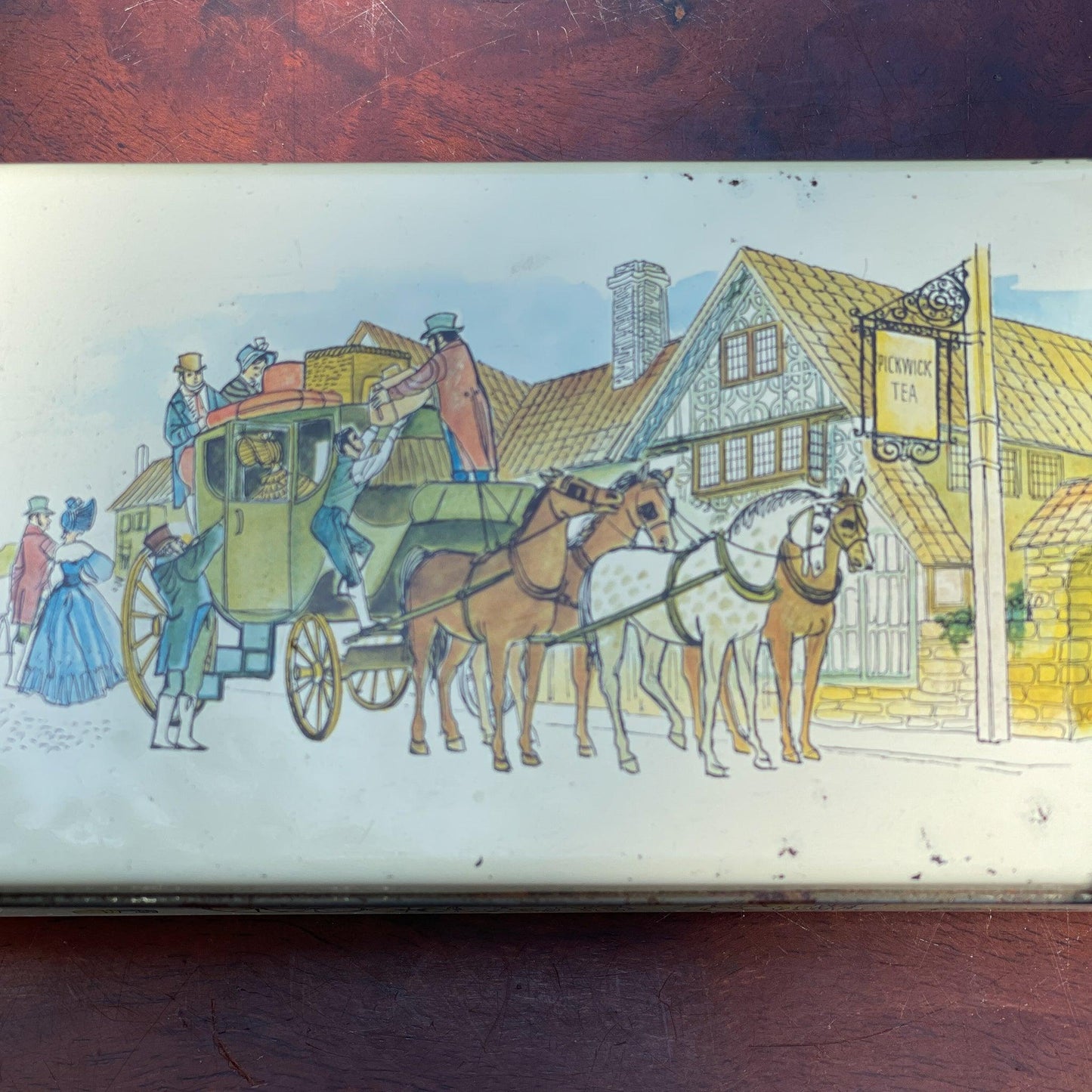 Vintage Pickwick theeblik met postkoets - Bamestra Curiosa