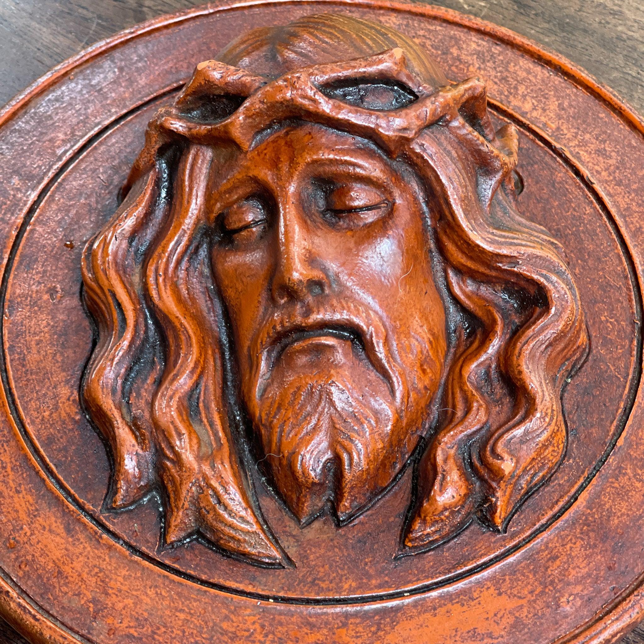 Vintage terracotta wandborden van Maria en Jezus - The Collectionist