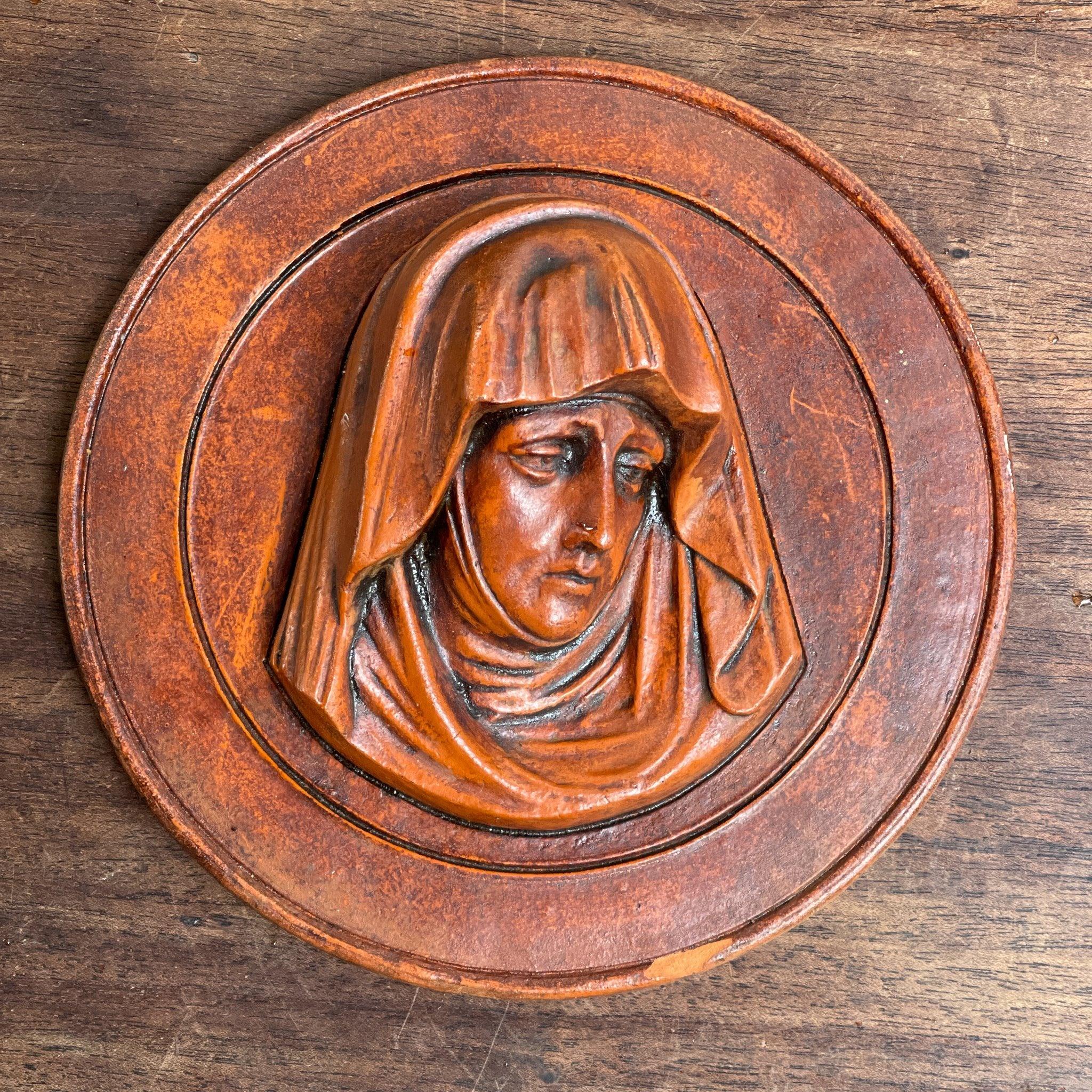Vintage terracotta wandborden van Maria en Jezus - The Collectionist