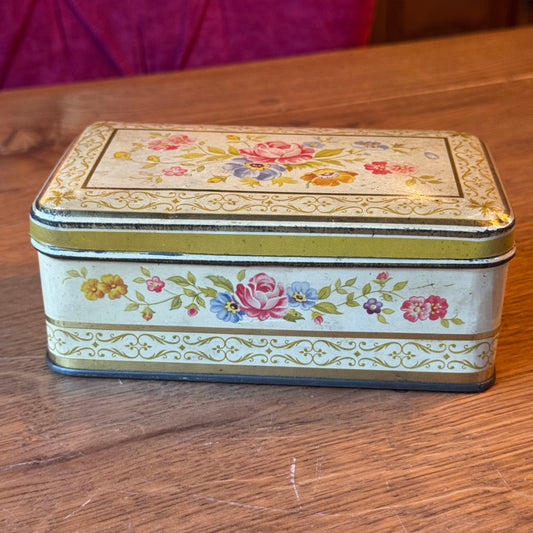 Vintage bloemenblik rechthoekig – decoratief opbergblik met bloemendecor