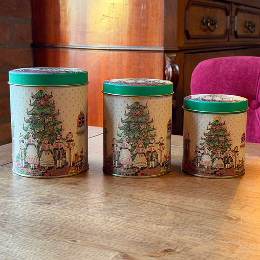 Vintage Kerstblikken Set van 3 – Kinderen bij de Kerstboom – Jaren 80/90