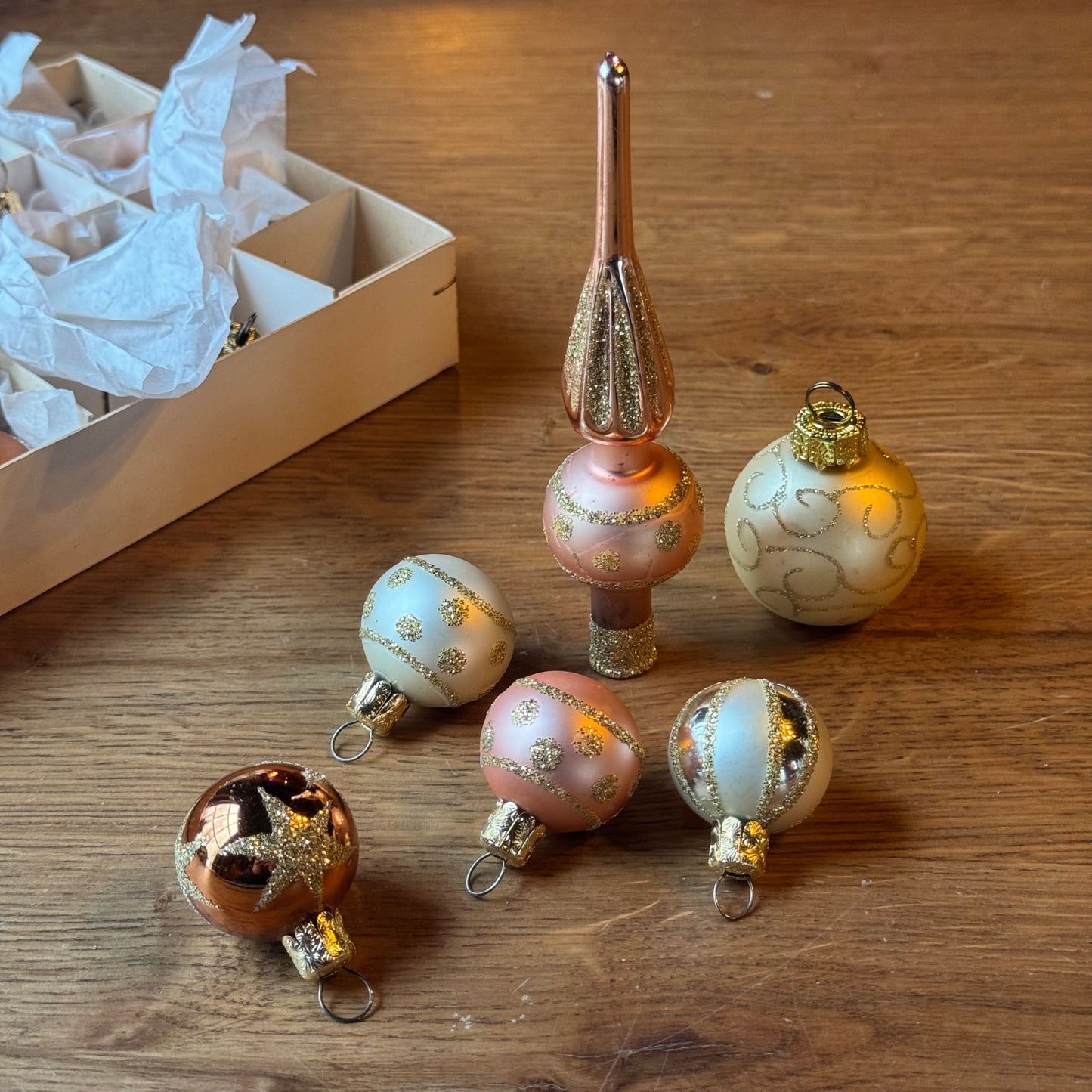 Vintage Kerstballen Set Roze Goud | Piek & Ornamenten | Jaren 50 Glas