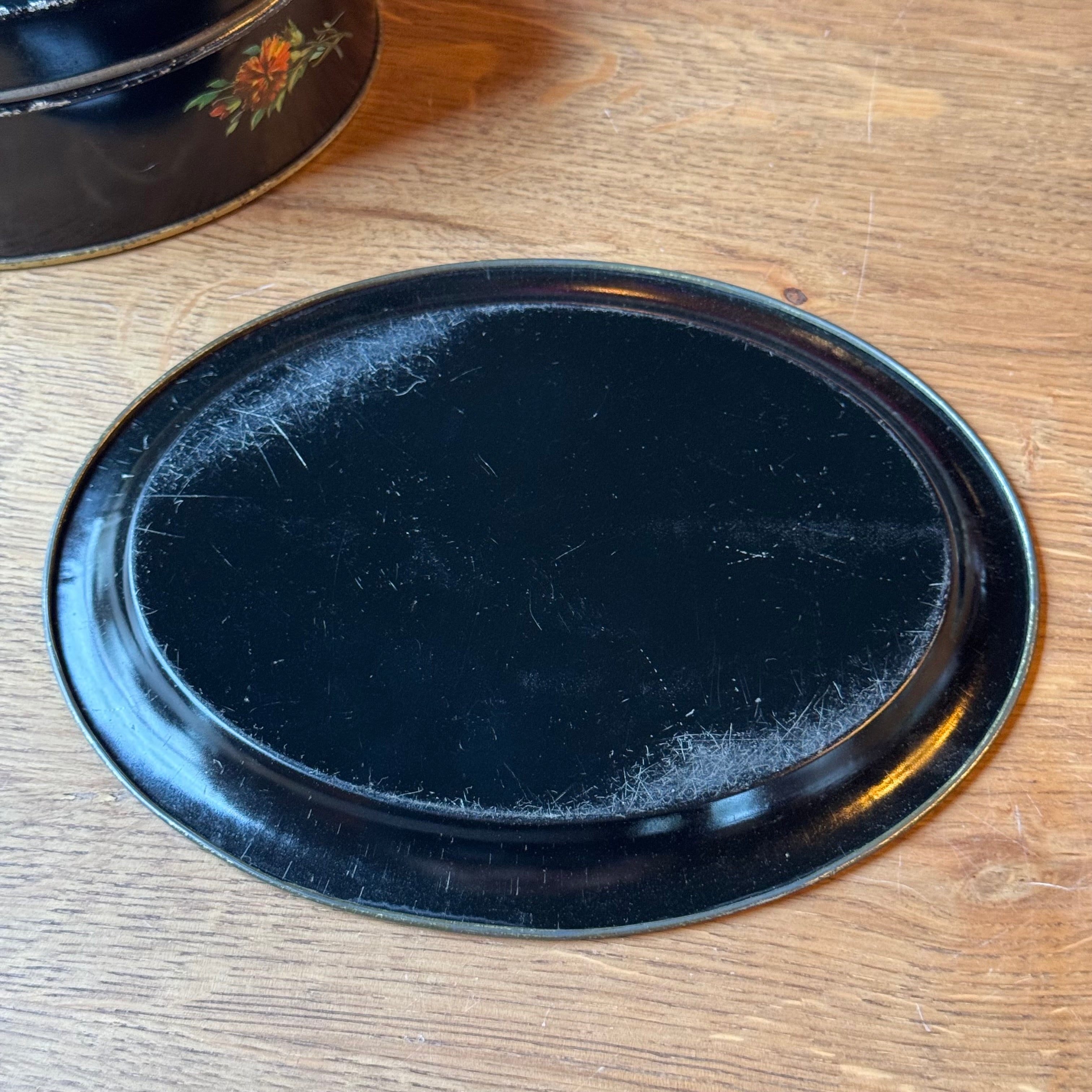 Vintage Black Brocante Tin with Presentation Tray - Floral Motif &amp; Gold (1950s/1960s)