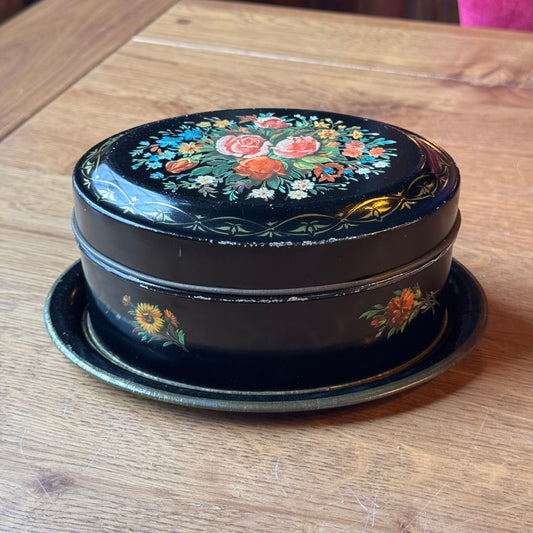 Vintage Black Brocante Tin with Presentation Tray - Floral Motif &amp; Gold (1950s/1960s)