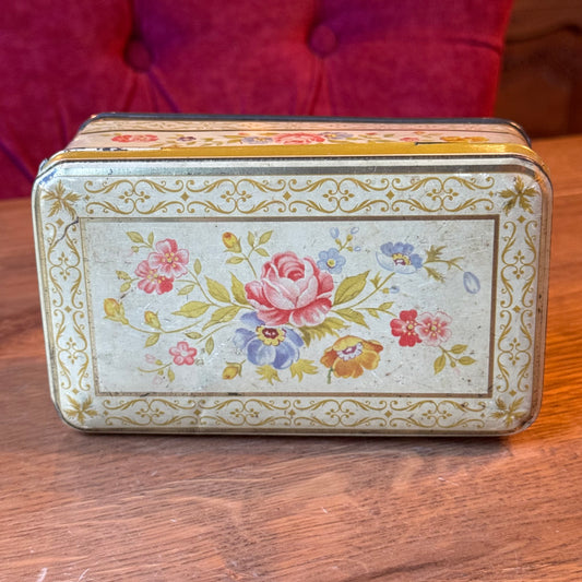 Vintage bloemenblik rechthoekig – decoratief opbergblik met bloemendecor