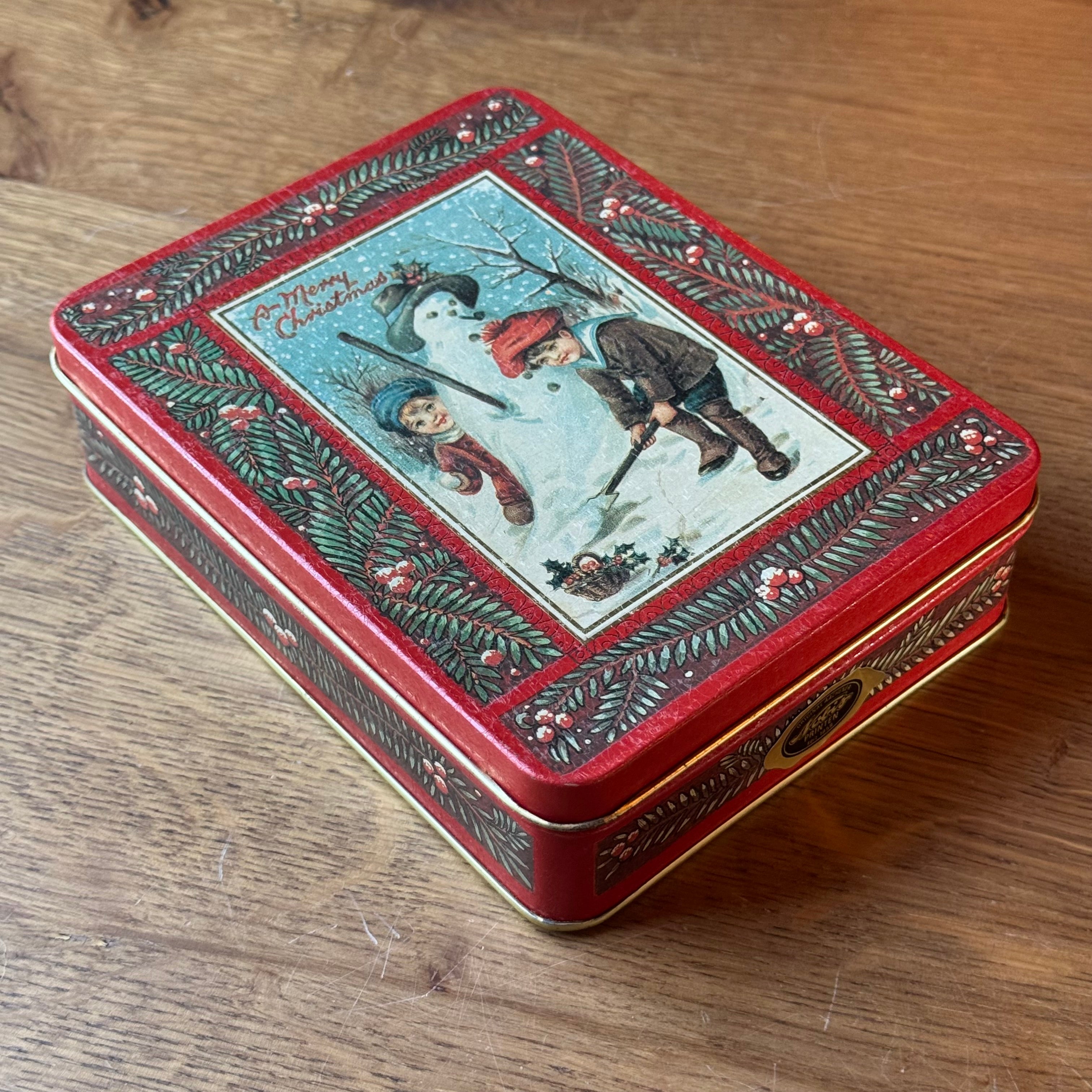 Vintage Nobis Print Christmas Tin – Retro Christmas Tin with Children &amp; Snowman (90s)