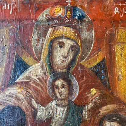 Decorative icon "Mother of God on the Throne with Monks" on a wooden panel