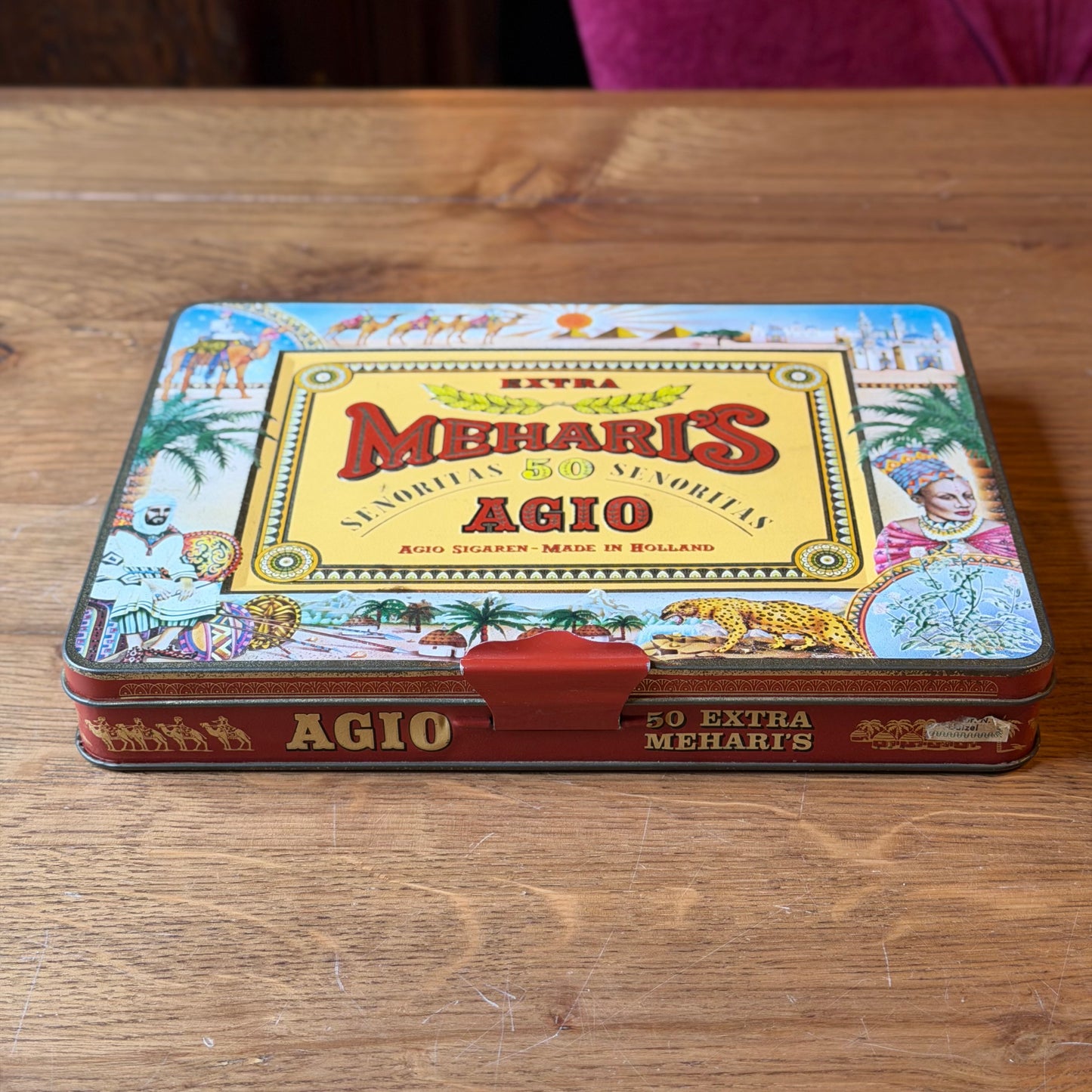 Vintage sigarenblik AGIO “Extra Mehari’s” – 50 Senoritas – lithografisch blik