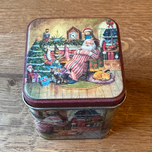 Vintage kerstblik met Santa-illustratie – vierkant decoratief blik