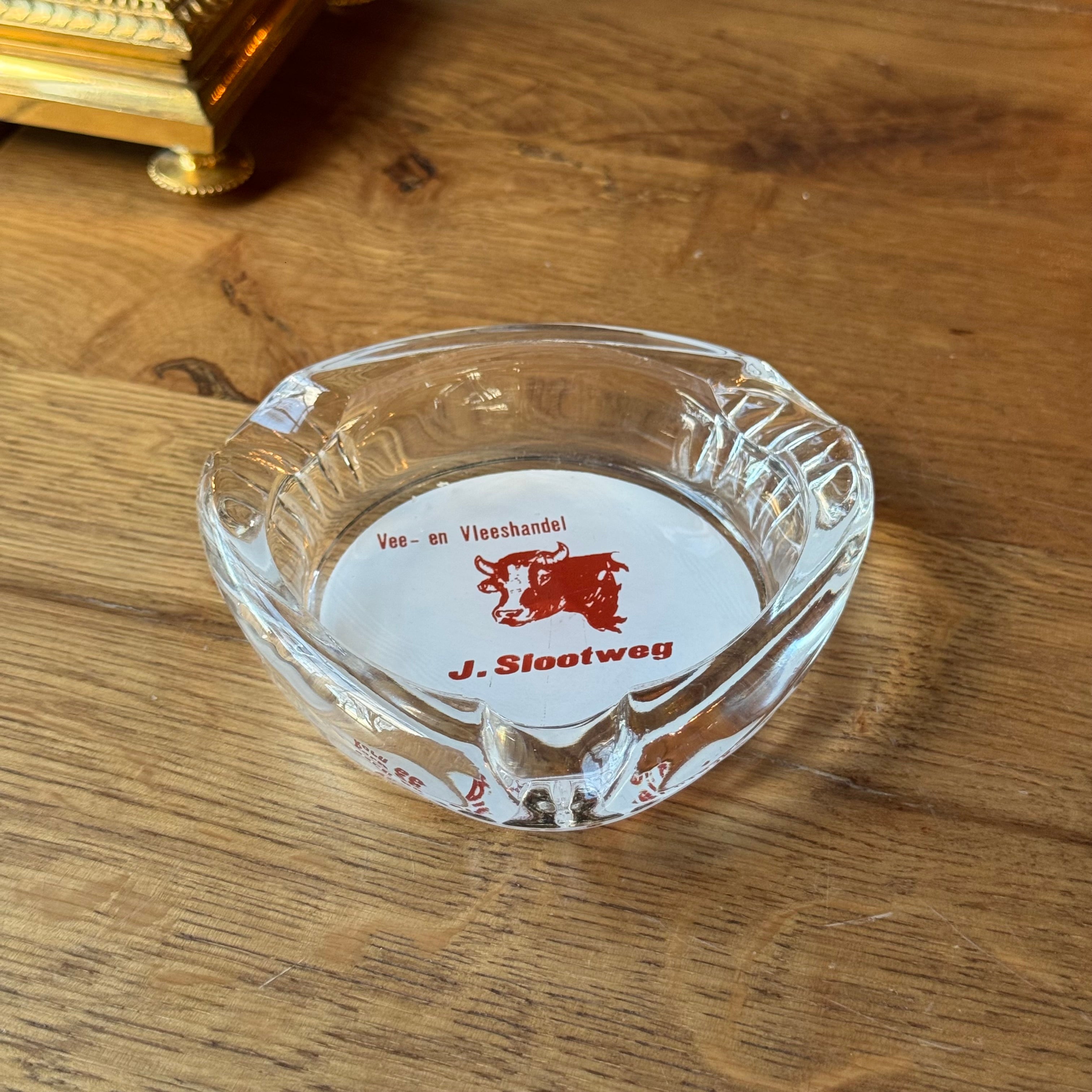 Vintage glass advertising ashtray J. Slootweg – Almkerk Livestock and Meat Trade (1970s–80s)