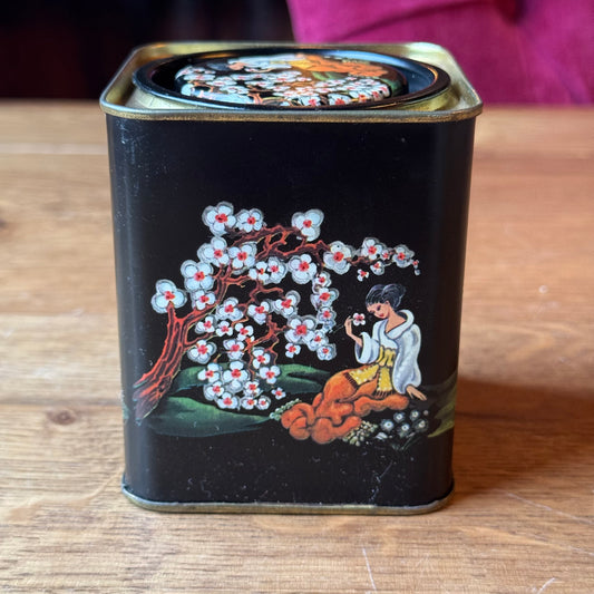 Vintage English Tea Tin - Japanese Decor with Geisha &amp; Cherry Blossom (1960s/70s)