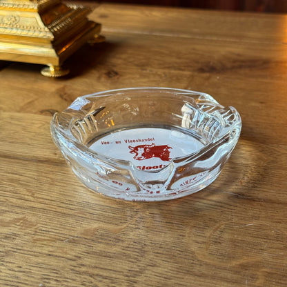 Vintage glazen reclame-asbak J. Slootweg – Vee- en Vleeshandel Almkerk (jaren 70–80)