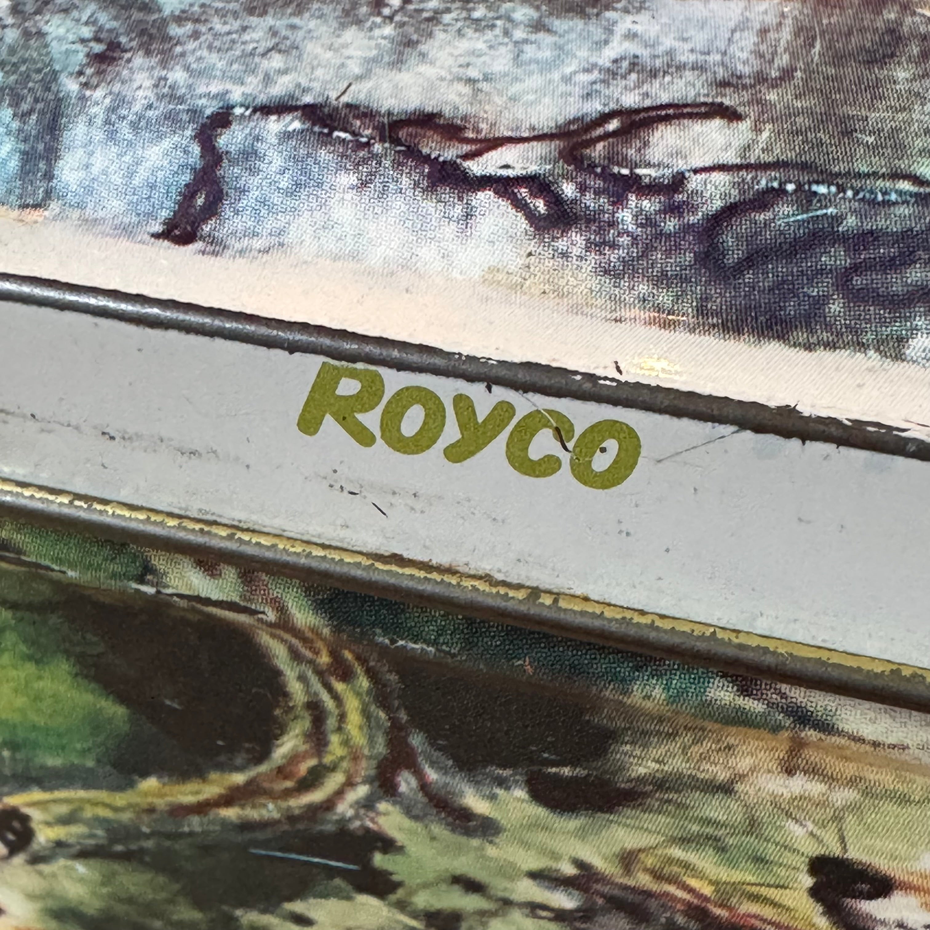 Vintage Royco Blechdose mit Waldtieren – rechteckige Aufbewahrungsbox aus Metall