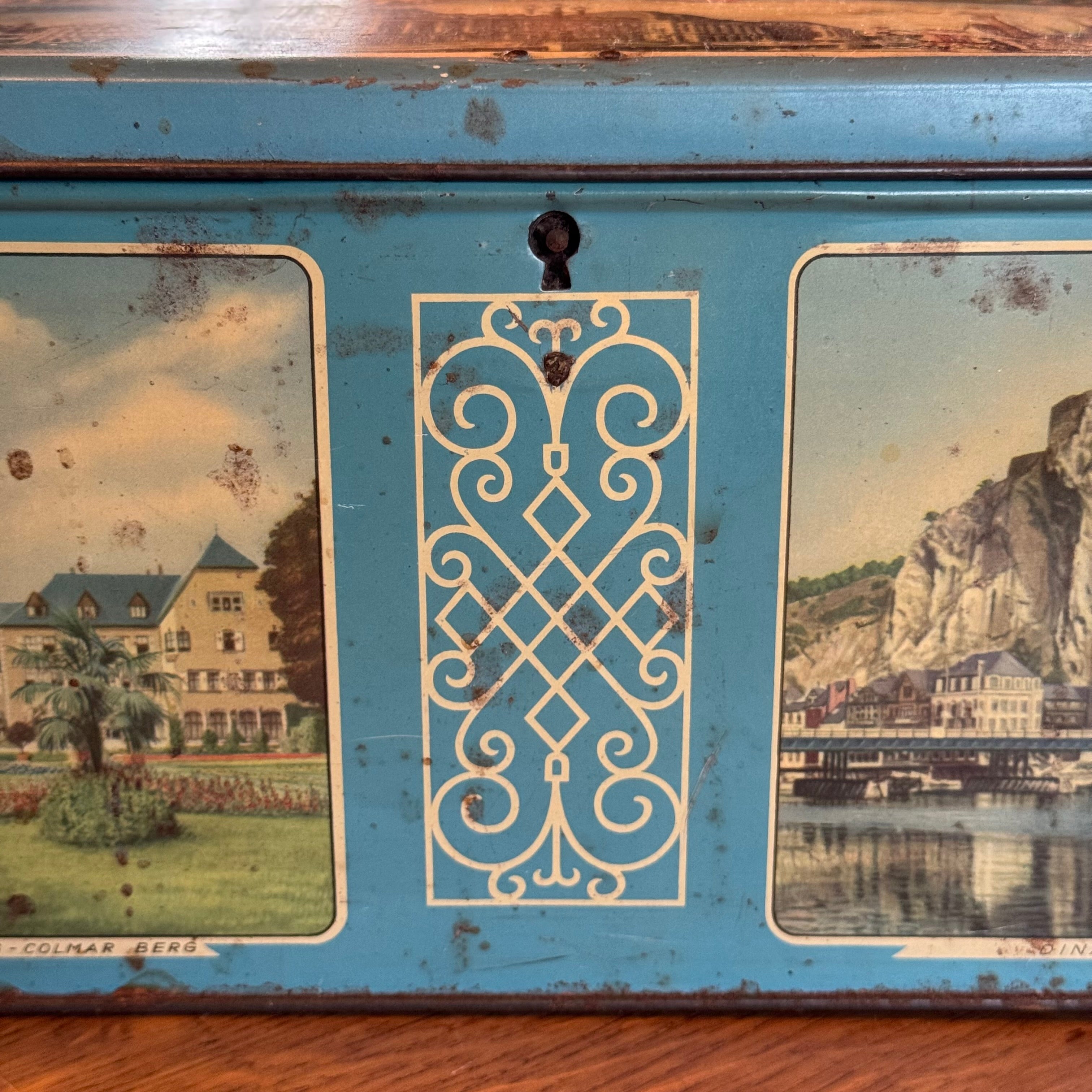 Lonka Benelux toffee tin – cityscapes of the Netherlands, Belgium, Luxembourg – ca. 1955–1965