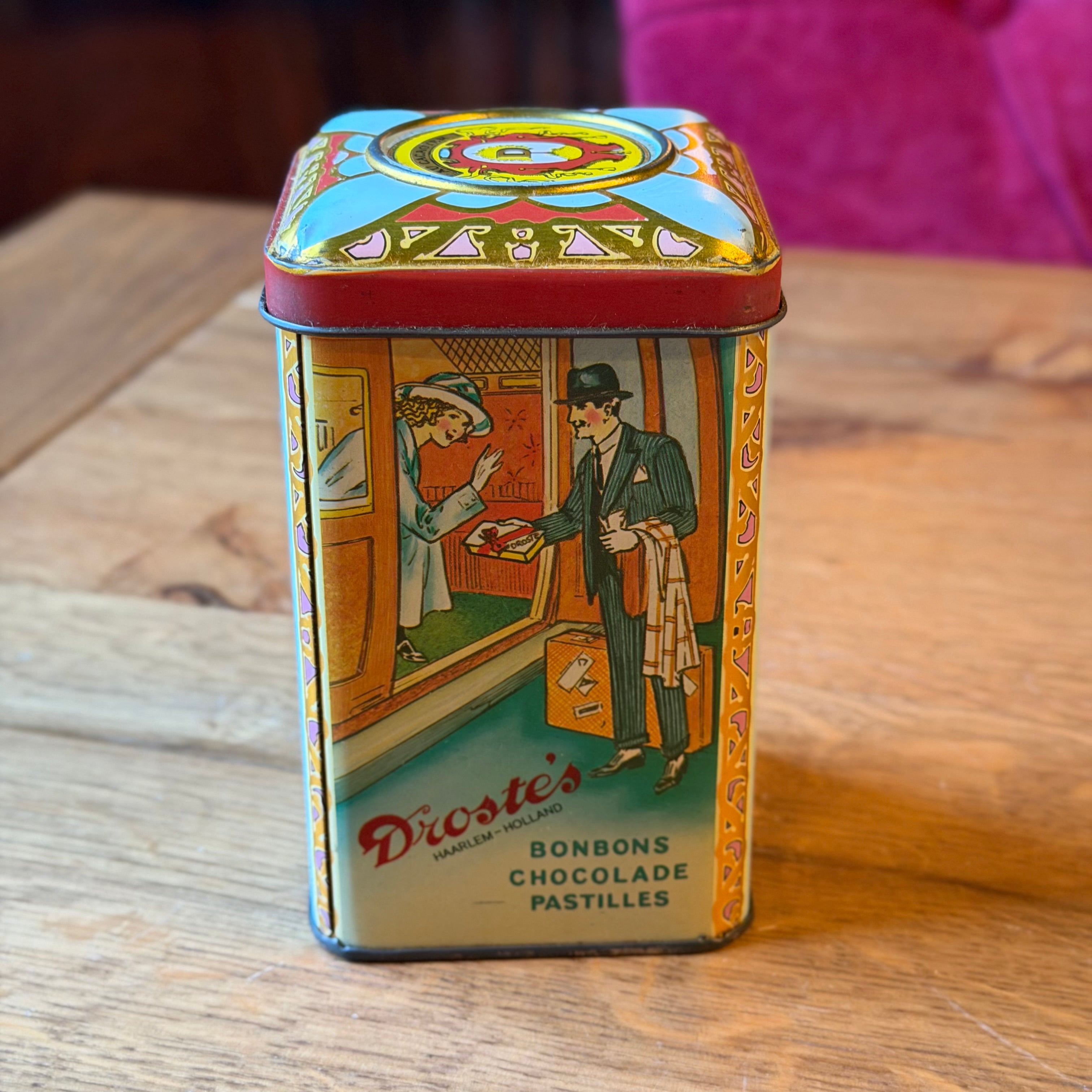 Antiek Droste’s Cocoa Blik met Opbollende Deksel en Cirkel – Exportuitvoering