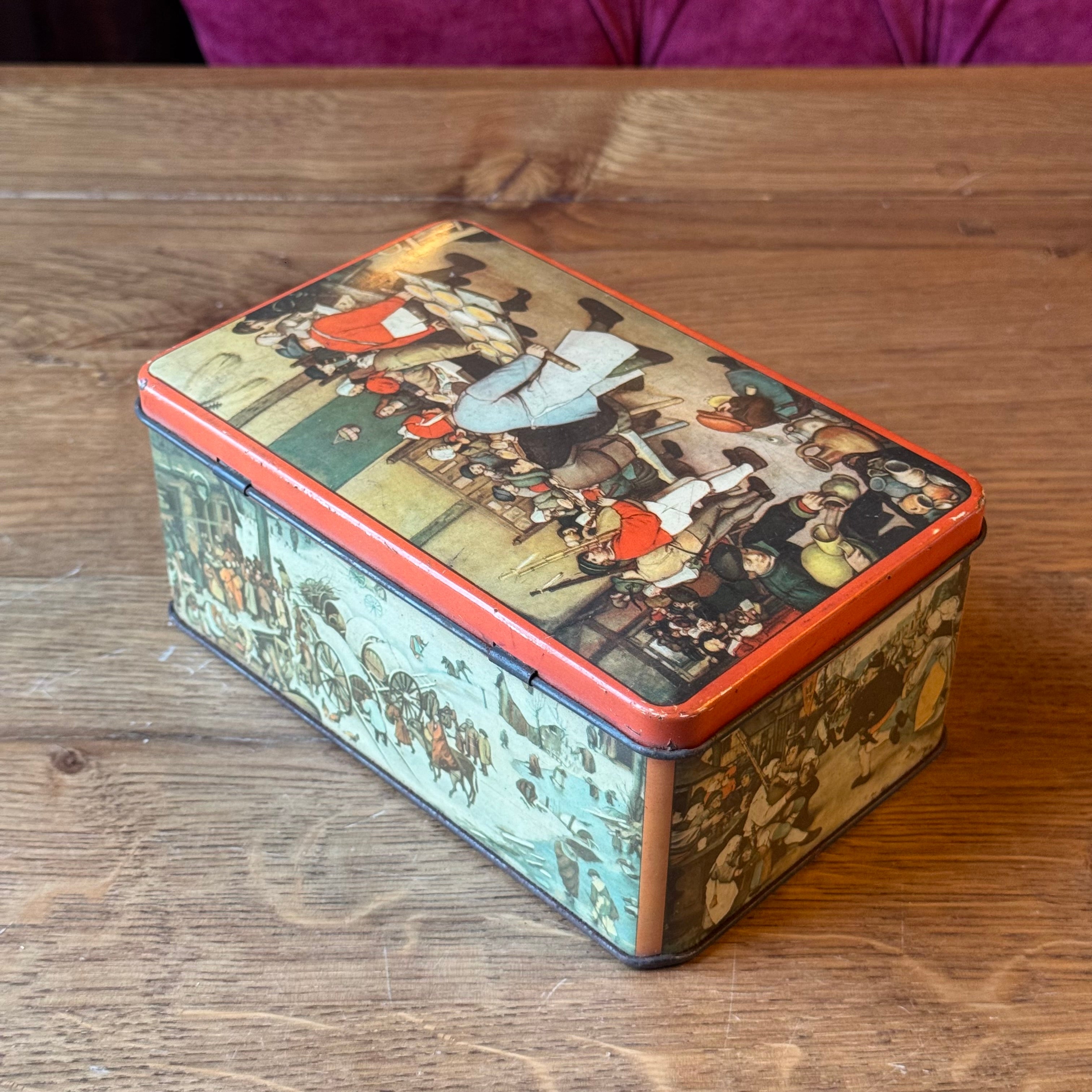 Antique Decorative Tin with Bruegel-esque Scene Illustrations
