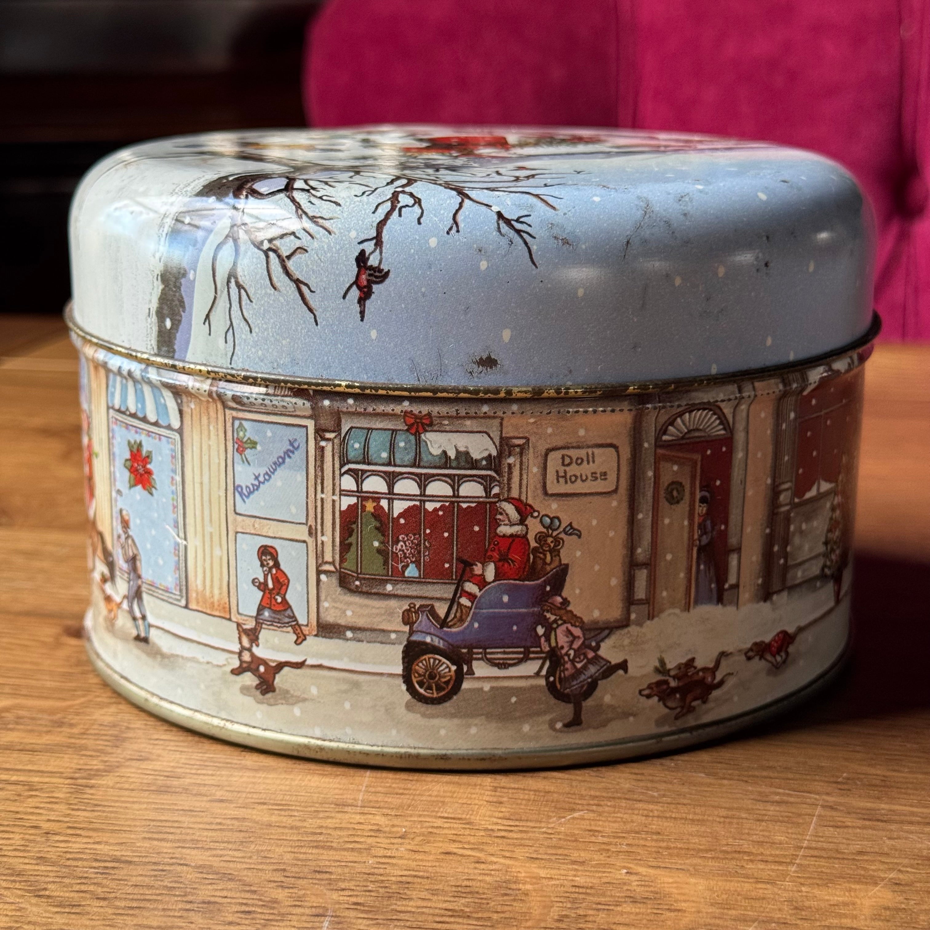 Vintage Christmas Tin – Large Round Cookie Jar with Dickens-style Illustrations