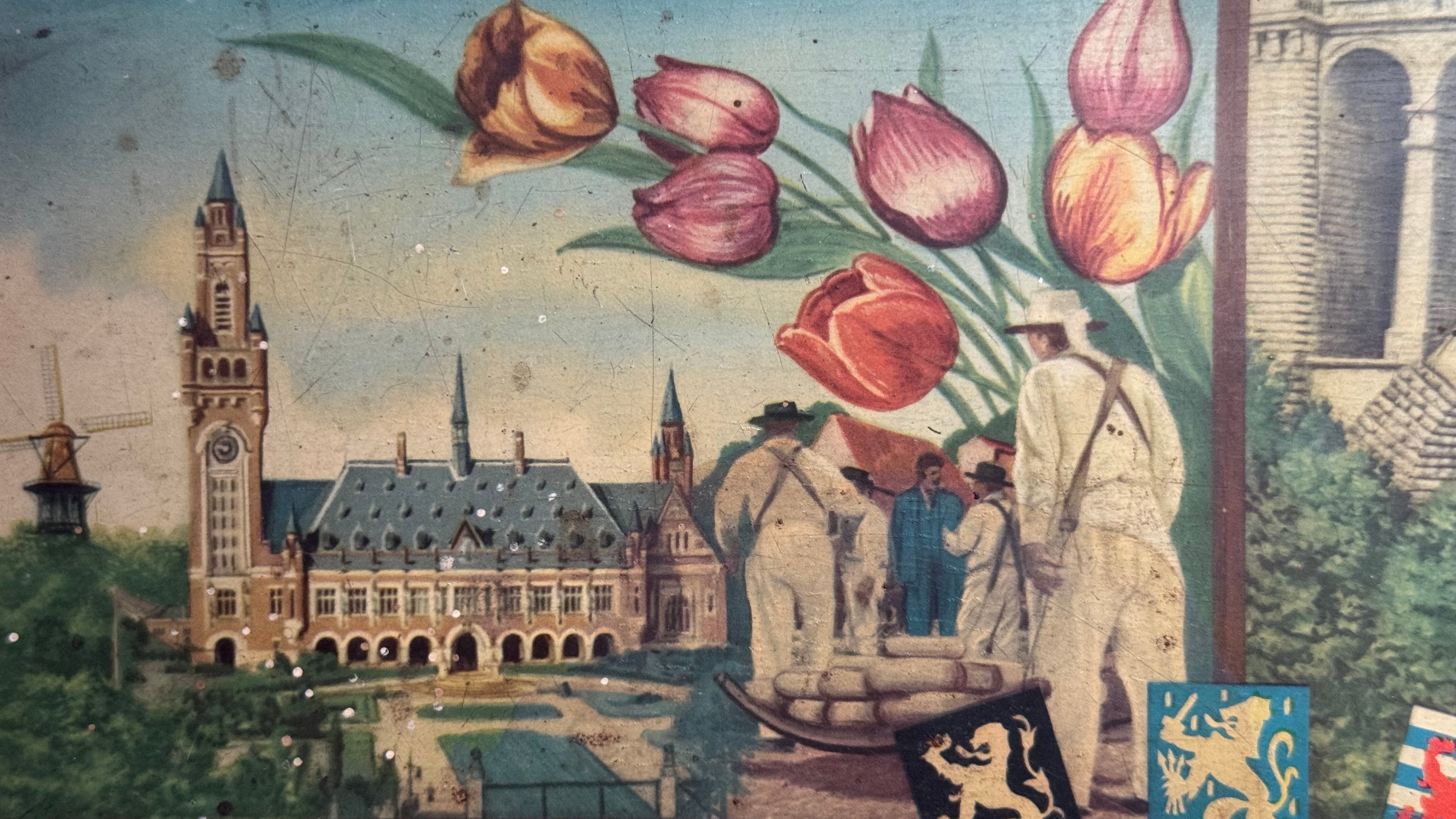 Lonka Benelux toffee tin – cityscapes of the Netherlands, Belgium, Luxembourg – ca. 1955–1965