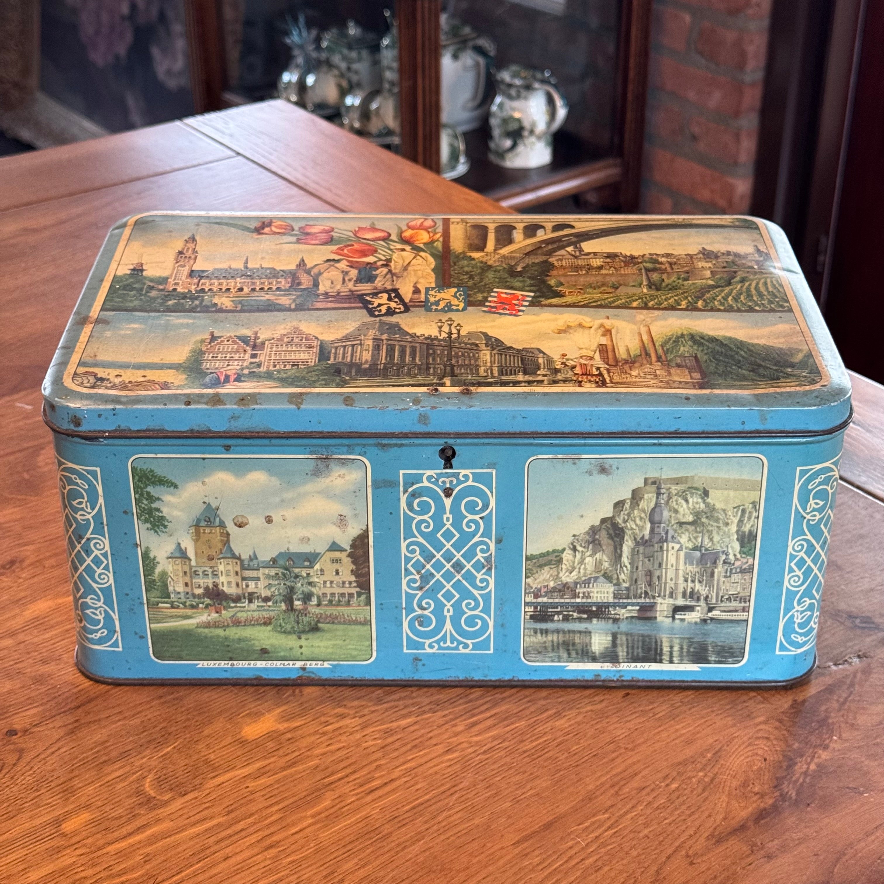 Lonka Benelux toffee tin – cityscapes of the Netherlands, Belgium, Luxembourg – ca. 1955–1965
