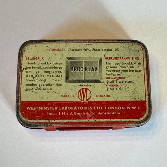 Brooklax “The British Chocolate Laxative” – vintage medicijnblikje – ca. 1940–1950