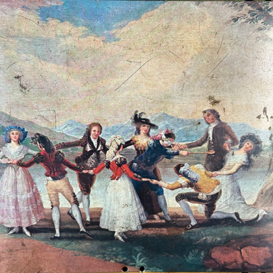 Large red Goya tin with 18th century dance scene, Demaret Confiserie
