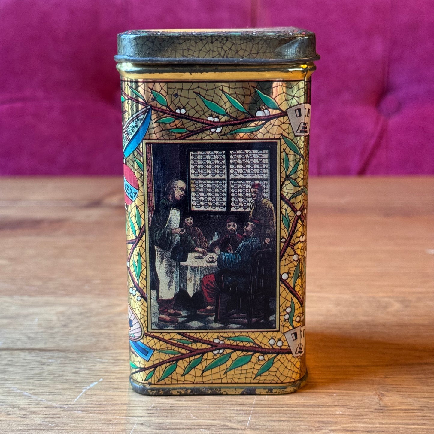 Antiek Driehoekig Theeblik - Chinoiserie & Goud Craquelé