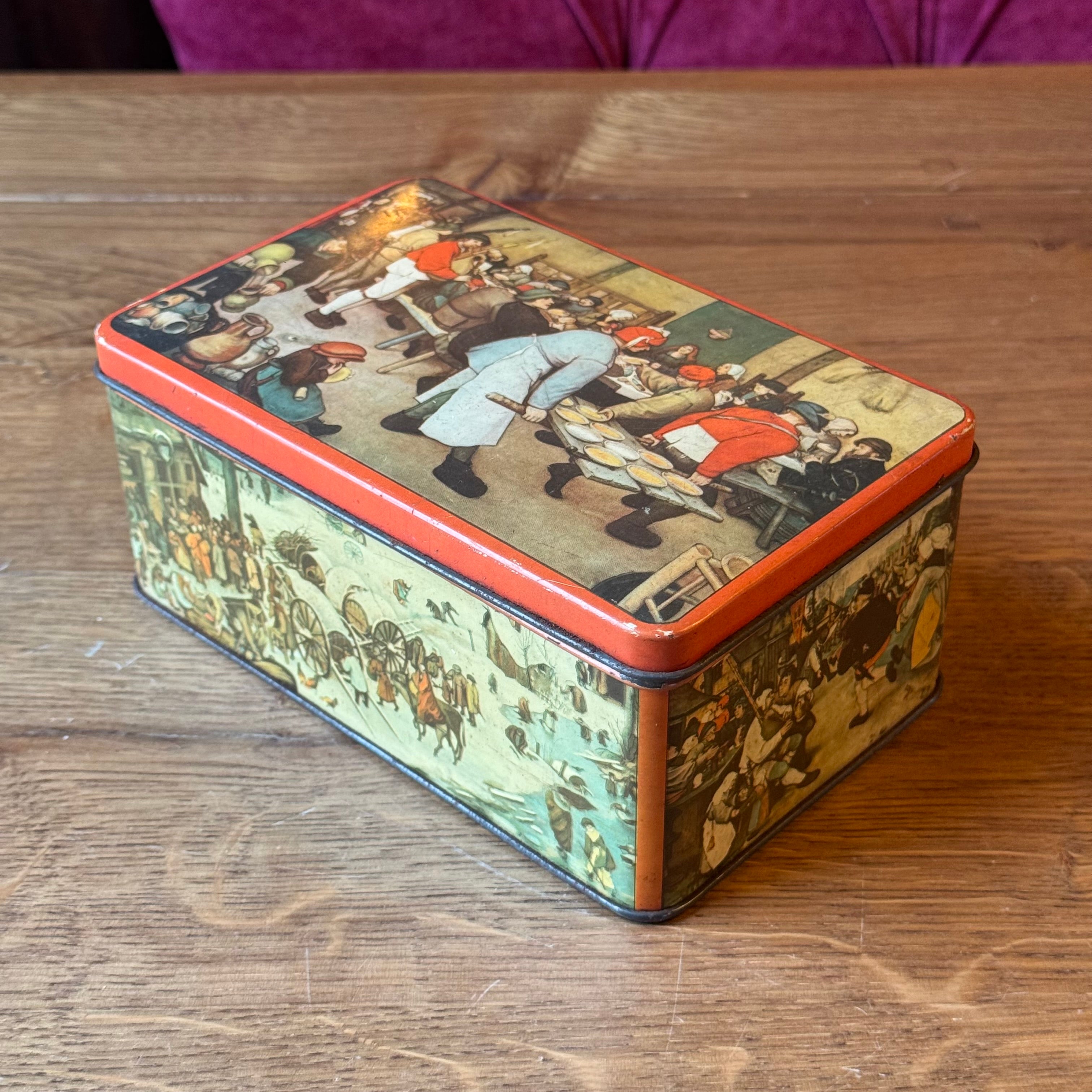 Antique Decorative Tin with Bruegel-esque Scene Illustrations