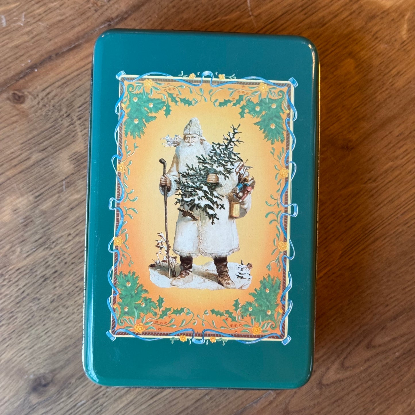 Vintage kerstblik met Sint Nicolaas illustratie – groen met goudkleurig interieur