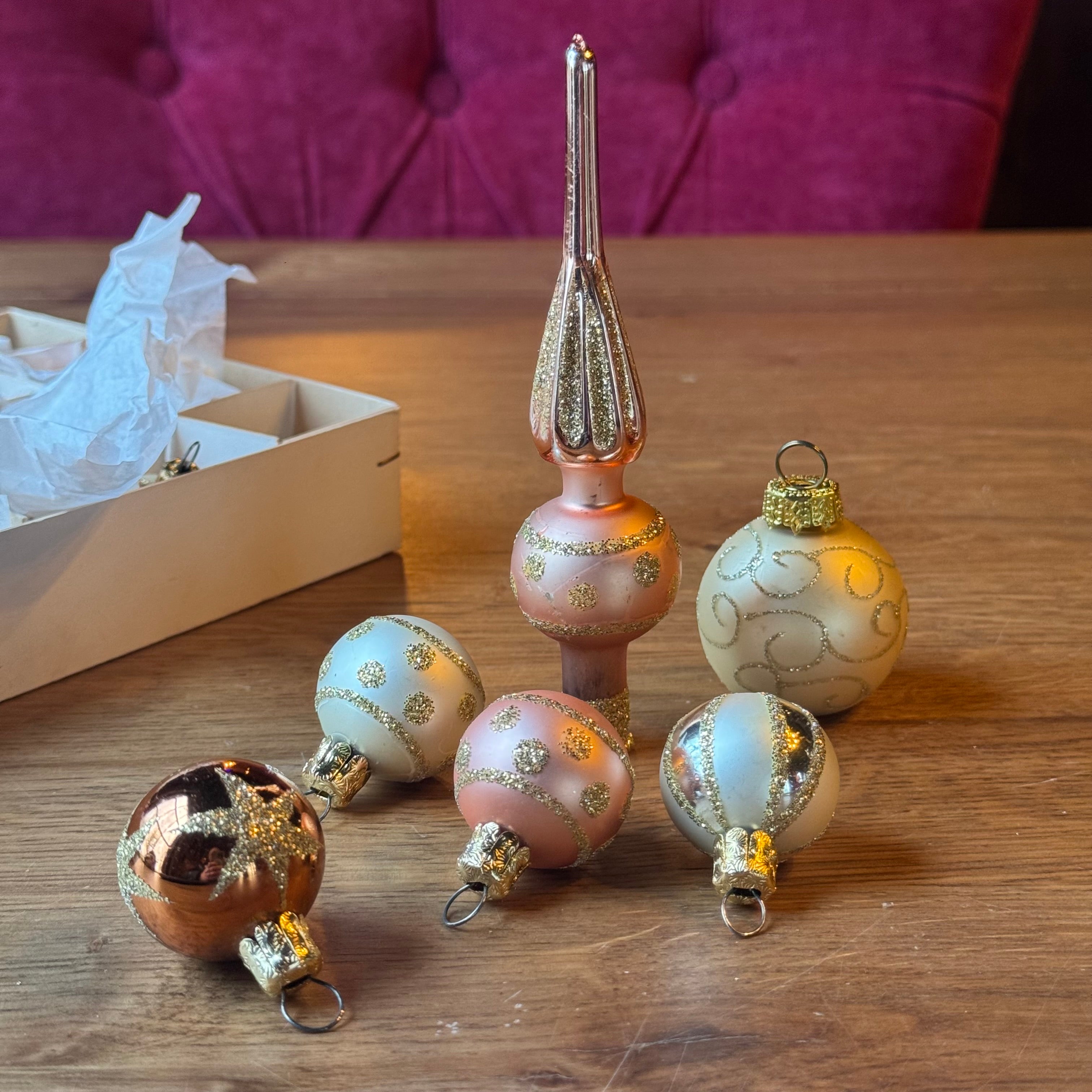 Vintage Kerstballen Set Roze Goud | Piek & Ornamenten | Jaren 50 Glas
