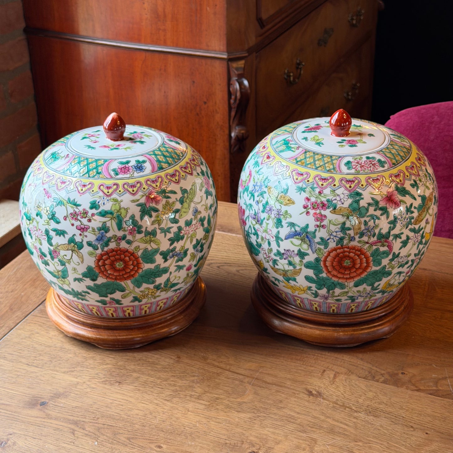 Pair of Vintage Chinese Porcelain Lidded Jars with Flowers &amp; Birds – Famille Rose Style