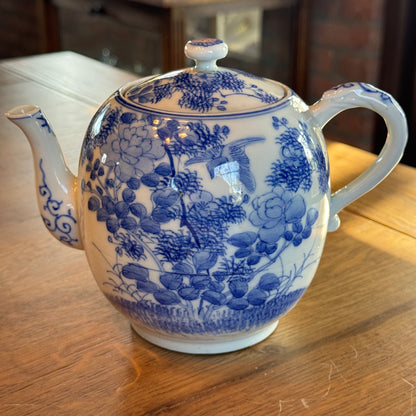 Blue and white Chinese teapot – bird and flowers – porcelain with lid