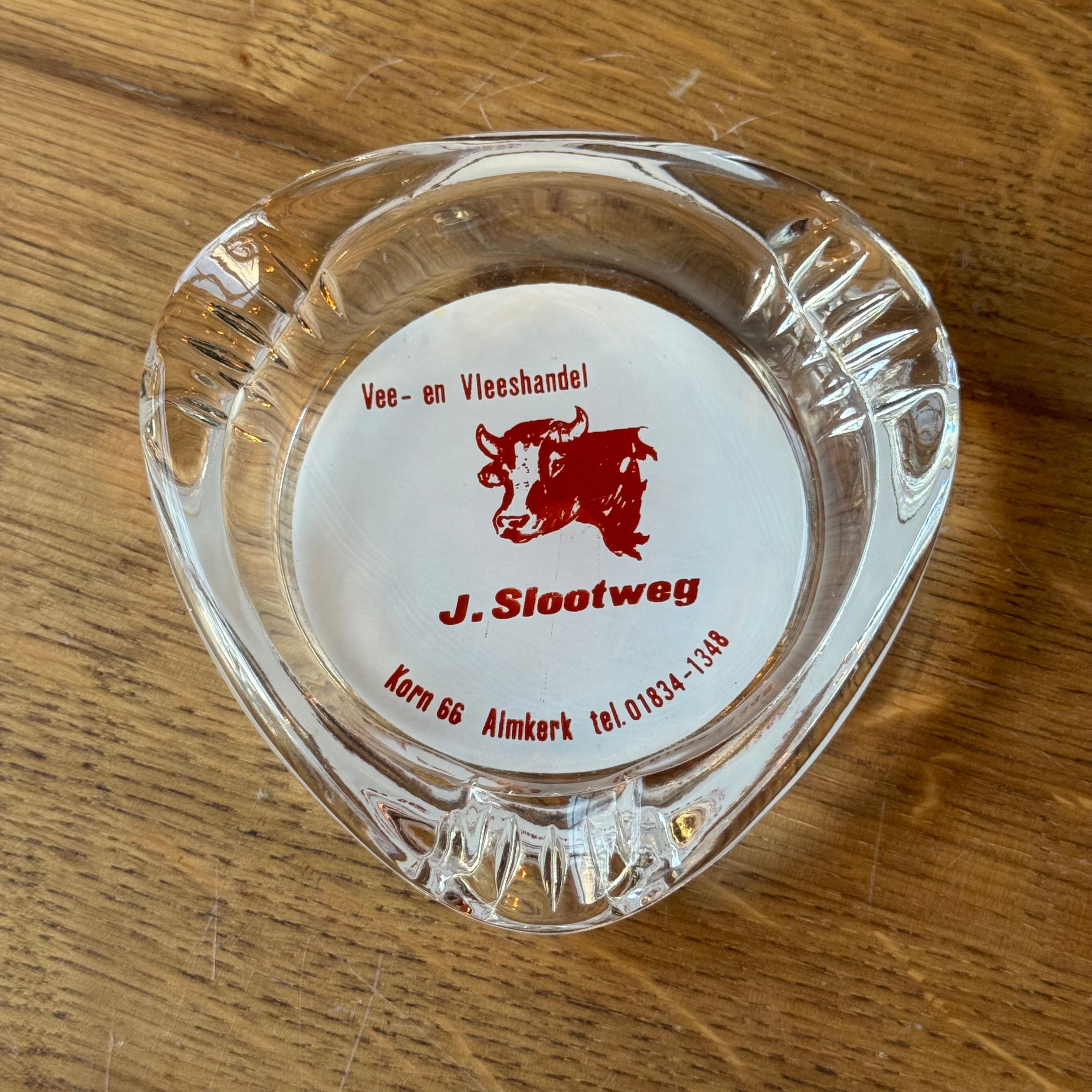 Vintage glass advertising ashtray J. Slootweg – Almkerk Livestock and Meat Trade (1970s–80s)