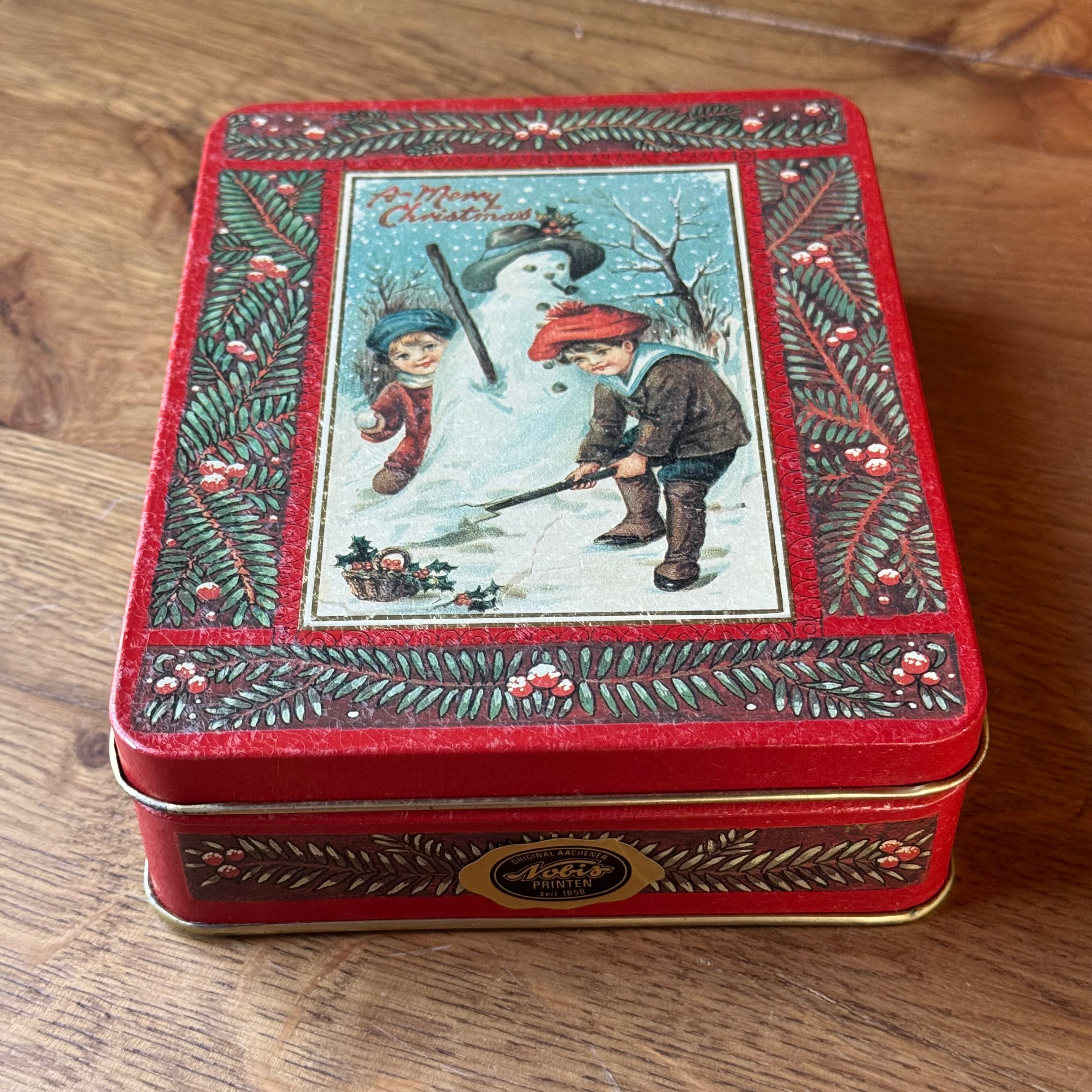 Vintage Nobis Print Christmas Tin – Retro Christmas Tin with Children &amp; Snowman (90s)
