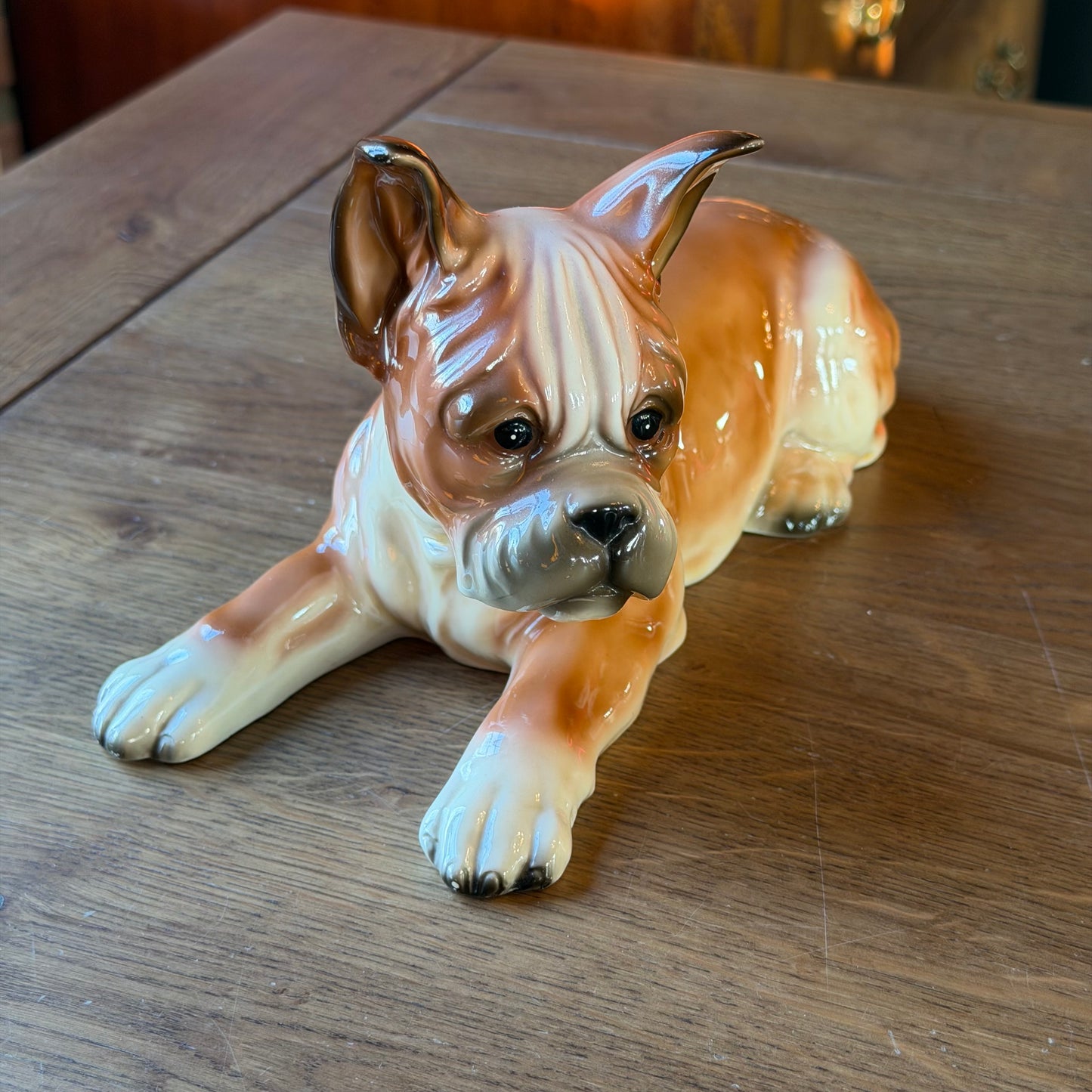 Vintage Porcelain Dog – Reclining Boxer Figurine (26 cm)