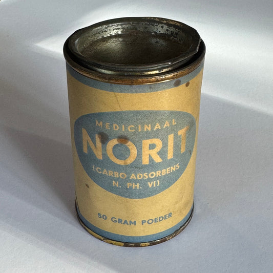 Medicinale Norit blik – 50 gram Carbo Adsorbens (ca. 1940s–1950s)