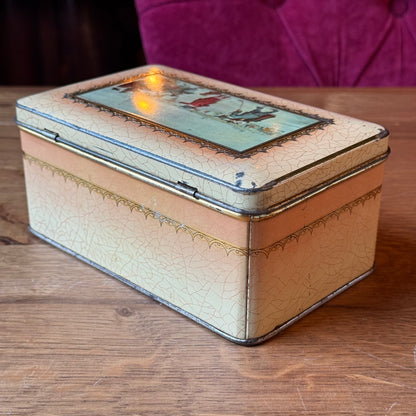 Vintage theeblik met winters Avercamp-tafereel – “Kolven op het IJs”