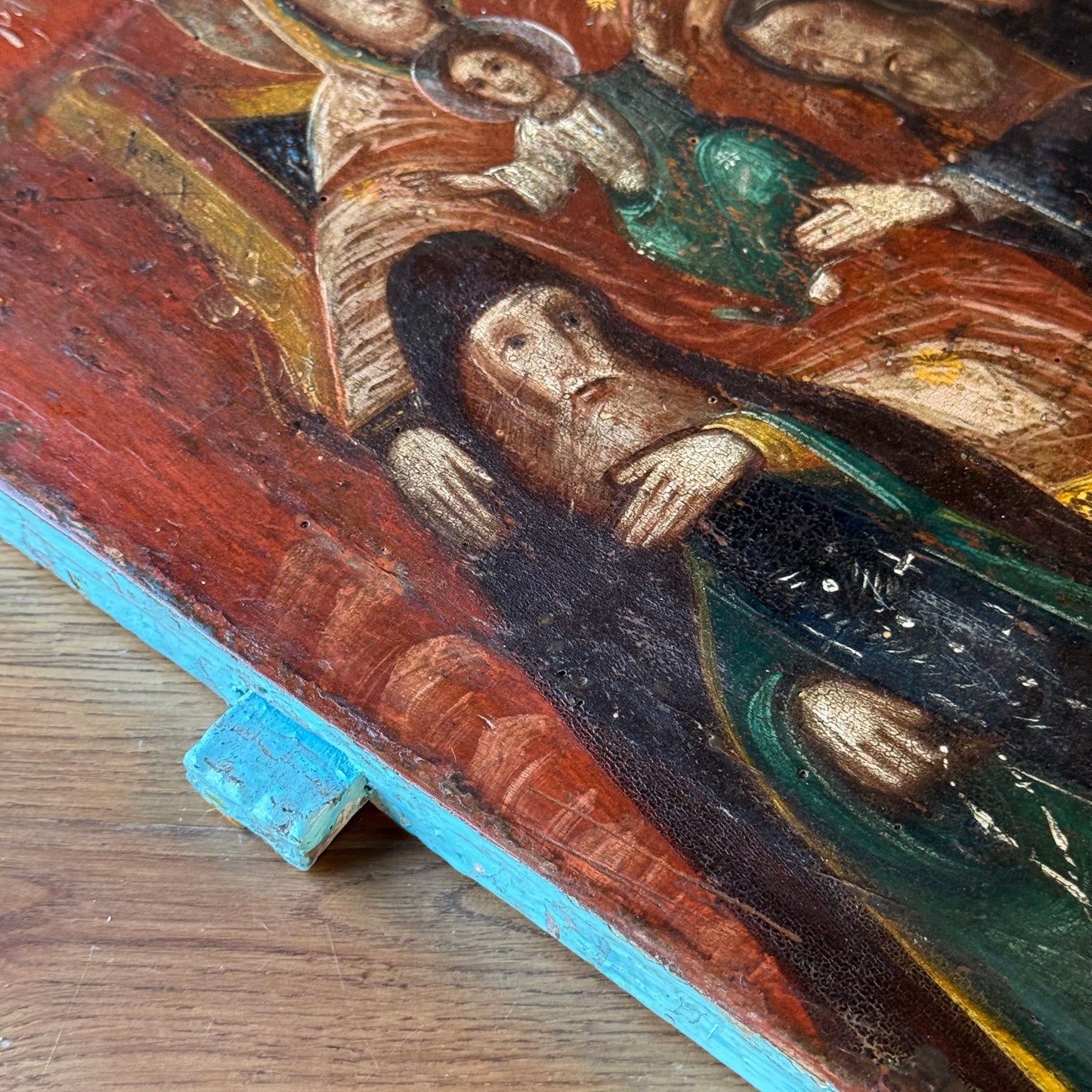 Decorative icon "Mother of God on the Throne with Monks" on a wooden panel