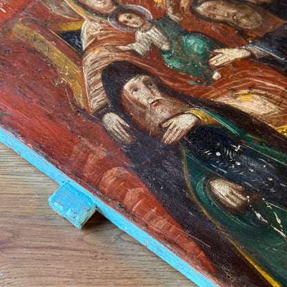 Decorative icon "Mother of God on the Throne with Monks" on a wooden panel