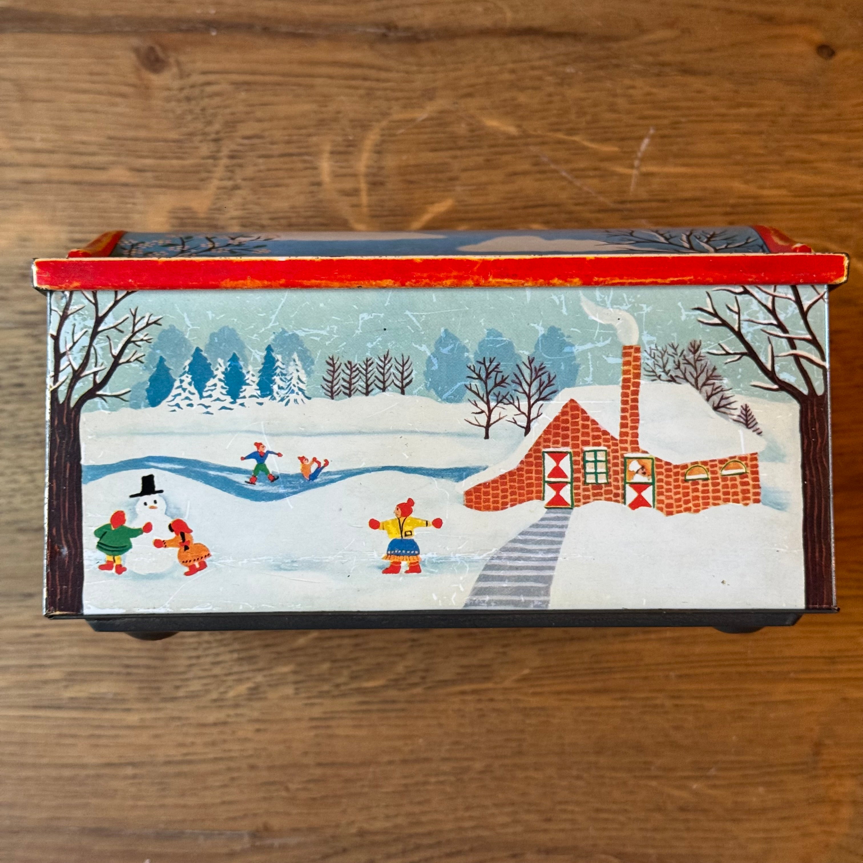 Vintage De Beukelaer tin drum with seasonal illustrations