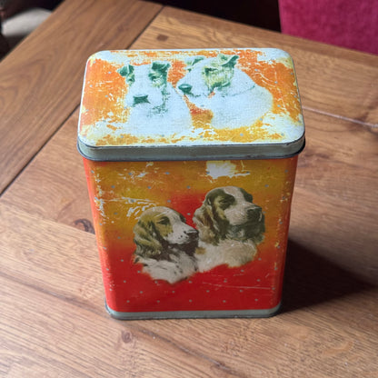 Vintage hondenblik – blik met spaniel & terrier illustraties (jaren 50–60)