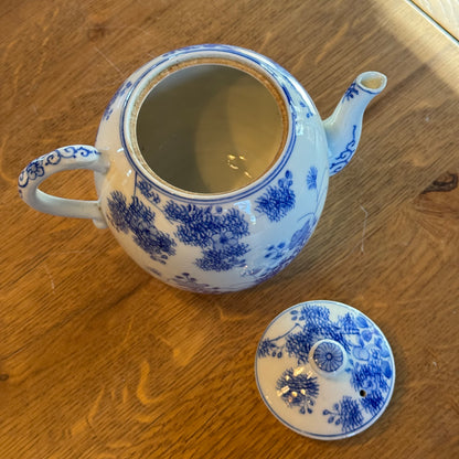 Blue and white Chinese teapot – bird and flowers – porcelain with lid