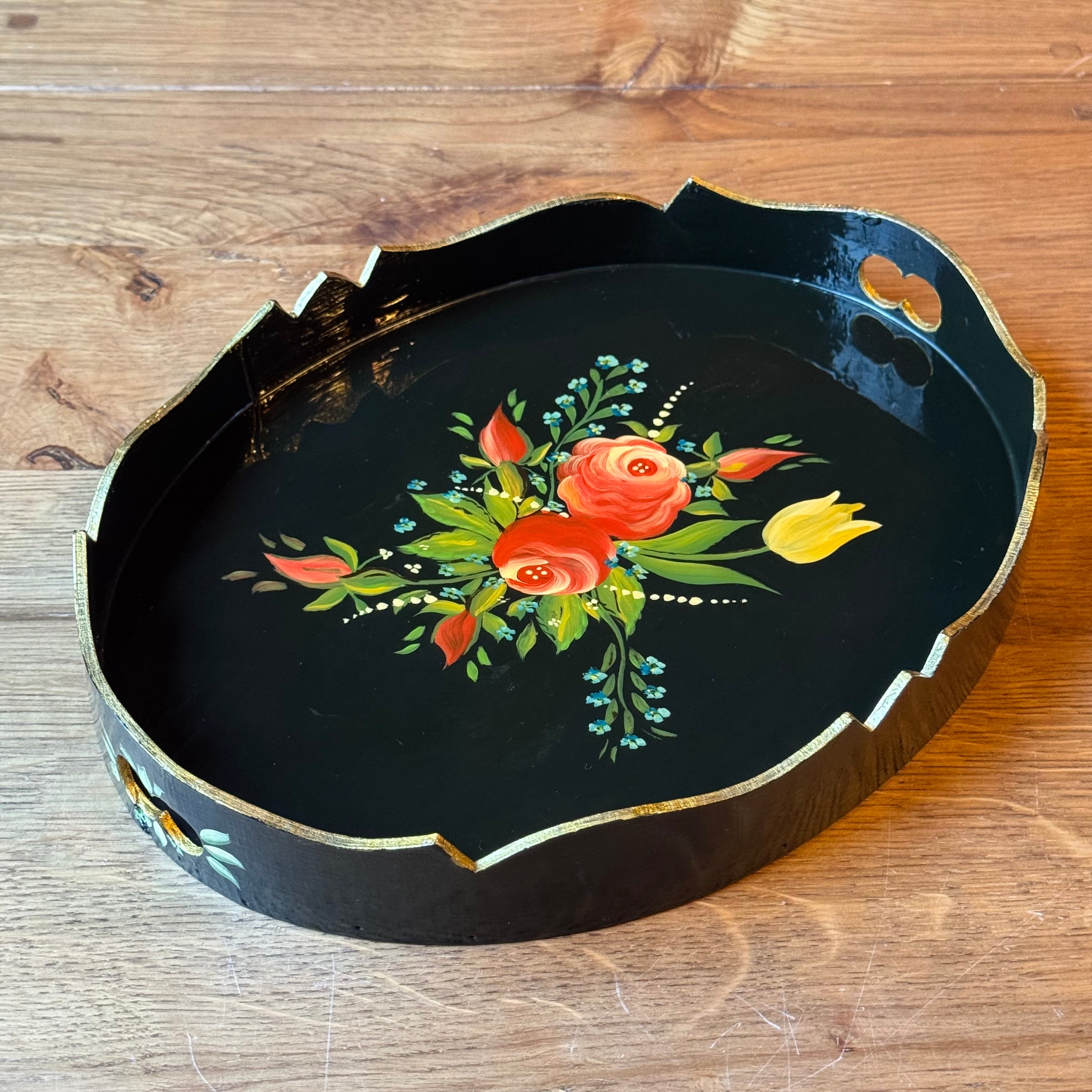 Handbemaltes Holztablett mit Blumenmotiv und Goldrand