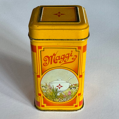 Vintage Maggi blik – geel met Art Deco ontwerp