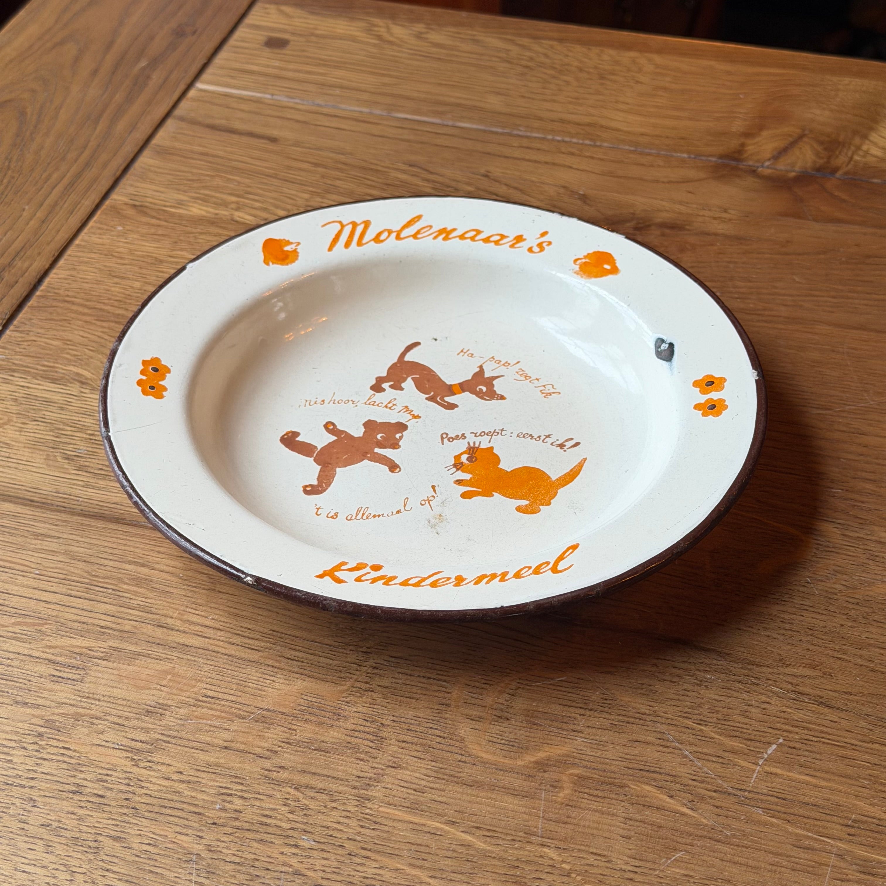 Vintage enamel children's plate "Molenaar's Kindermeel" – Dutch advertising piece