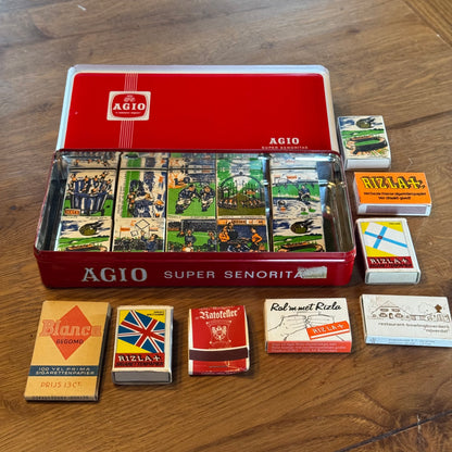 Agio Super Señorita tin with vintage matchboxes and rolling papers – 1960s