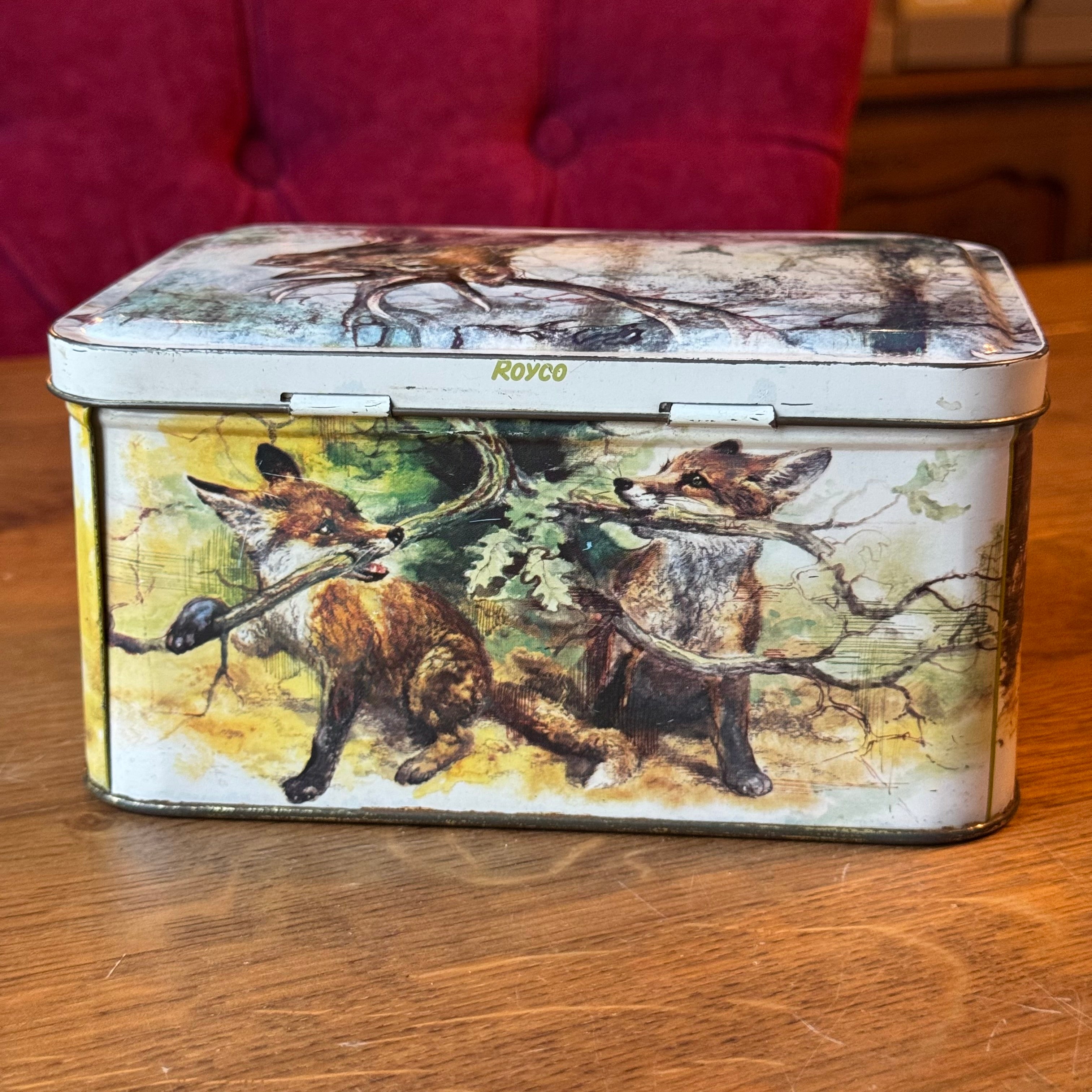 Vintage Royco Blechdose mit Waldtieren – rechteckige Aufbewahrungsbox aus Metall