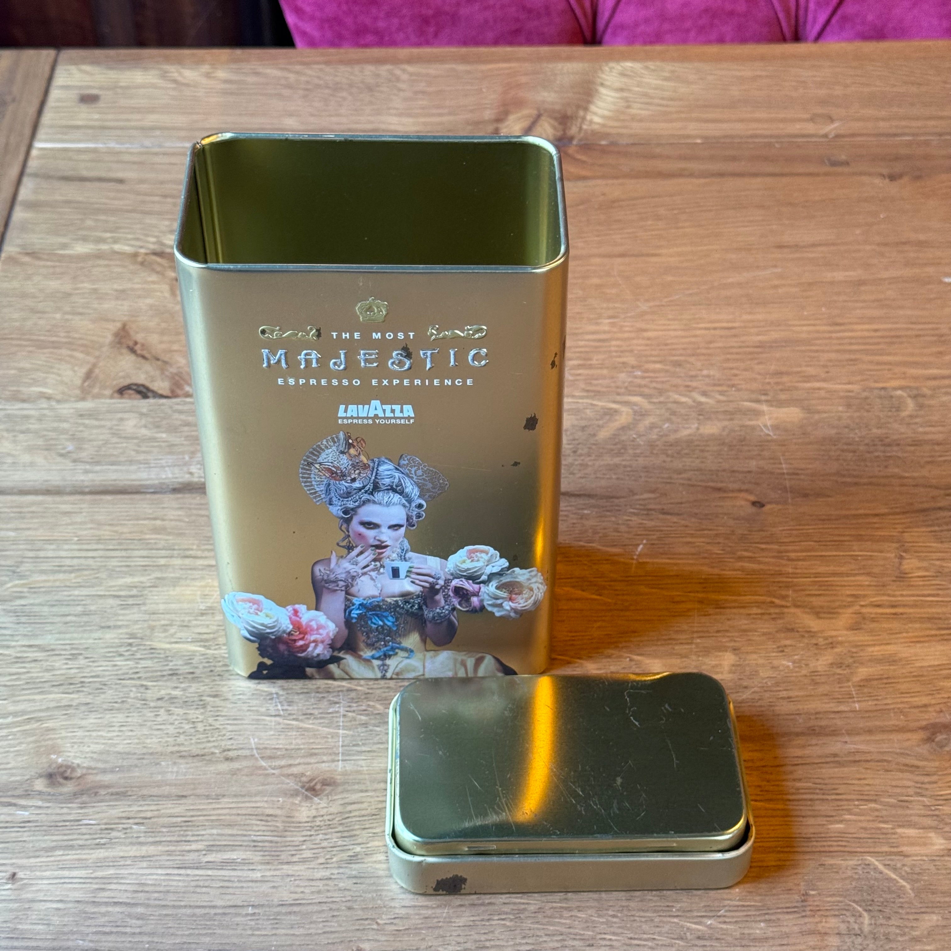 Lavazza “Majestic Espresso Experience” storage tin – gold-colored with baroque print