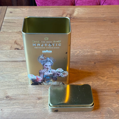Lavazza “Majestic Espresso Experience” storage tin – gold-colored with baroque print