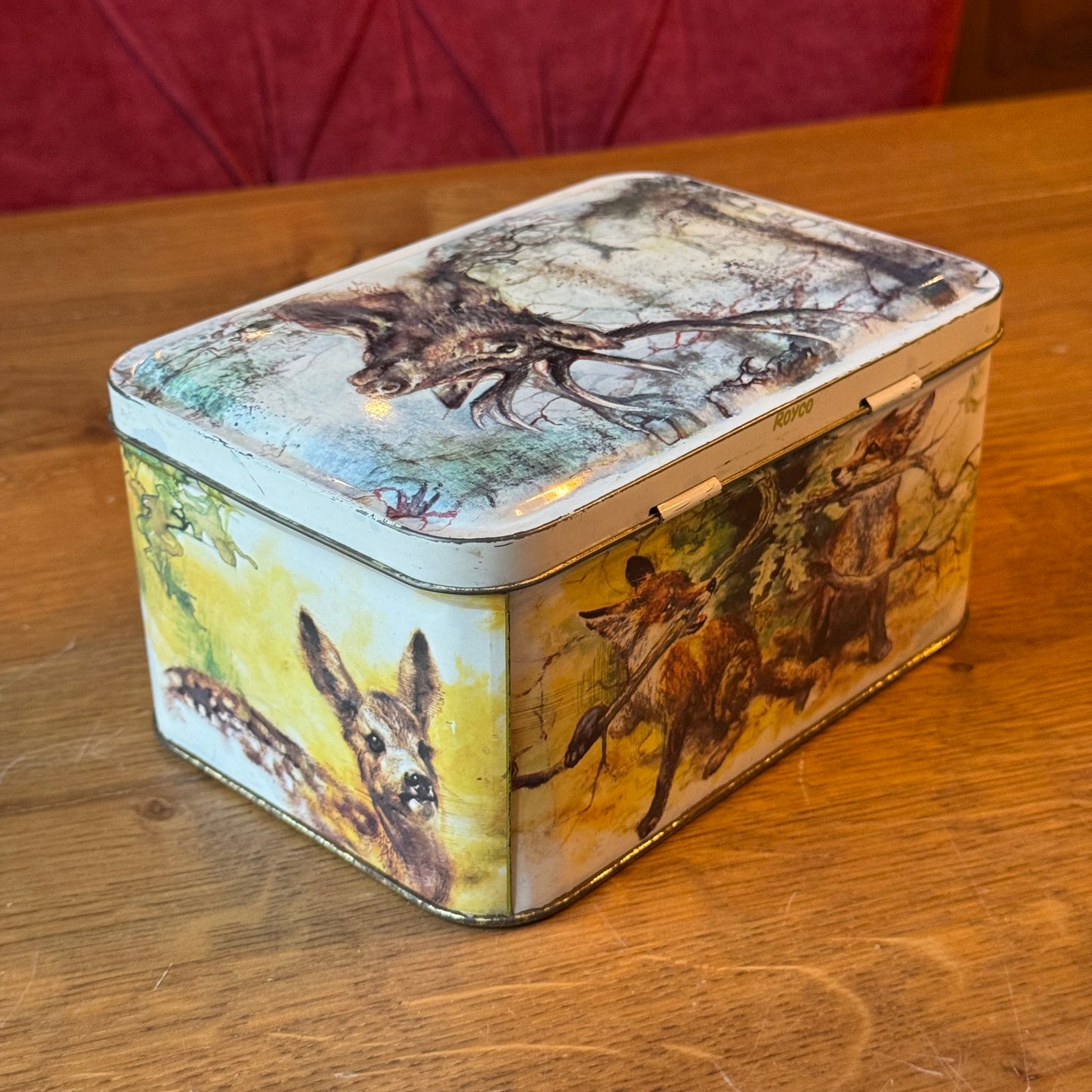 Vintage Royco blik met bosdieren – rechthoekige metalen bewaardoos